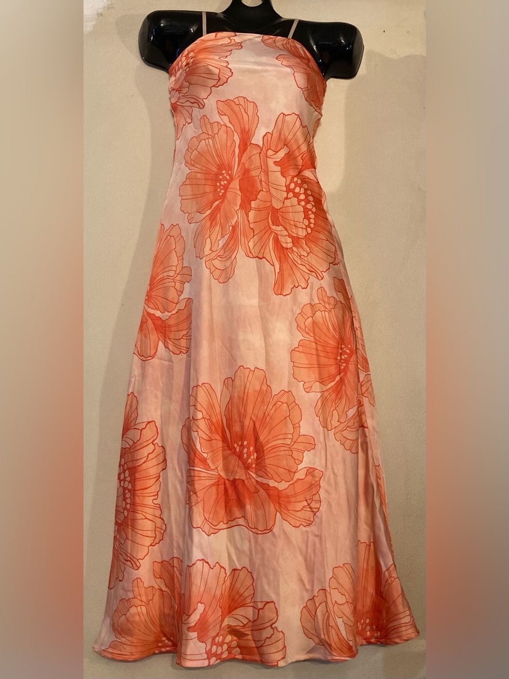 Convertible To Strapless Satin Floral Maxi Dress in Coral Pink